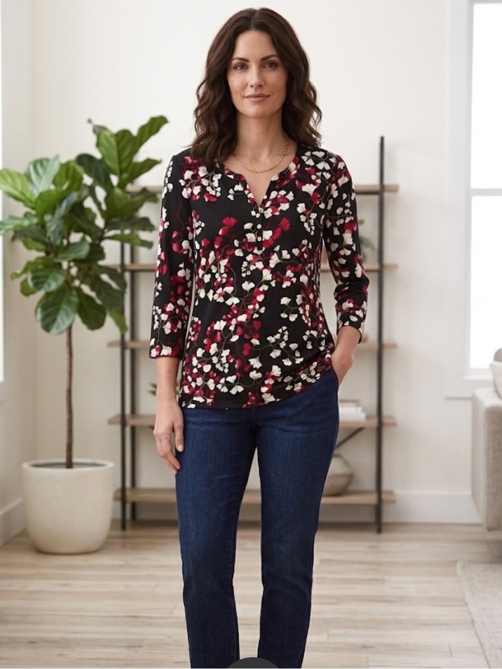 Women’s Black Floral V-Neck Top